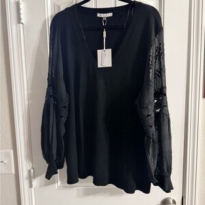 Sioni Charcoal Blouse with Lace Sleeves